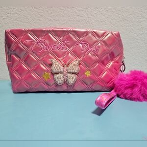 Pink Quilted Makeup Bag with Butterfly Design
